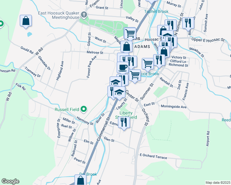 map of restaurants, bars, coffee shops, grocery stores, and more near 1 Commercial Street in Adams