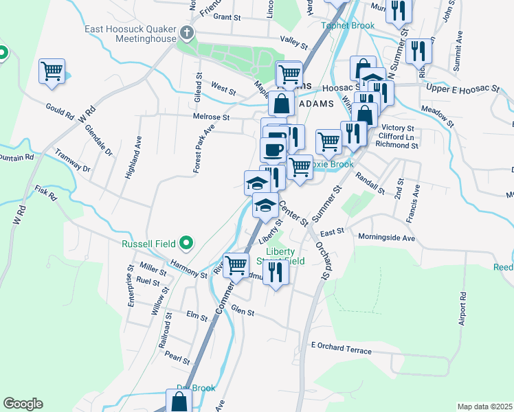 map of restaurants, bars, coffee shops, grocery stores, and more near 1 Commercial Street in Adams