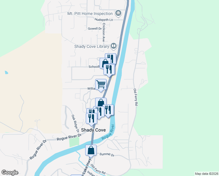map of restaurants, bars, coffee shops, grocery stores, and more near 22172 Oregon 62 in Shady Cove