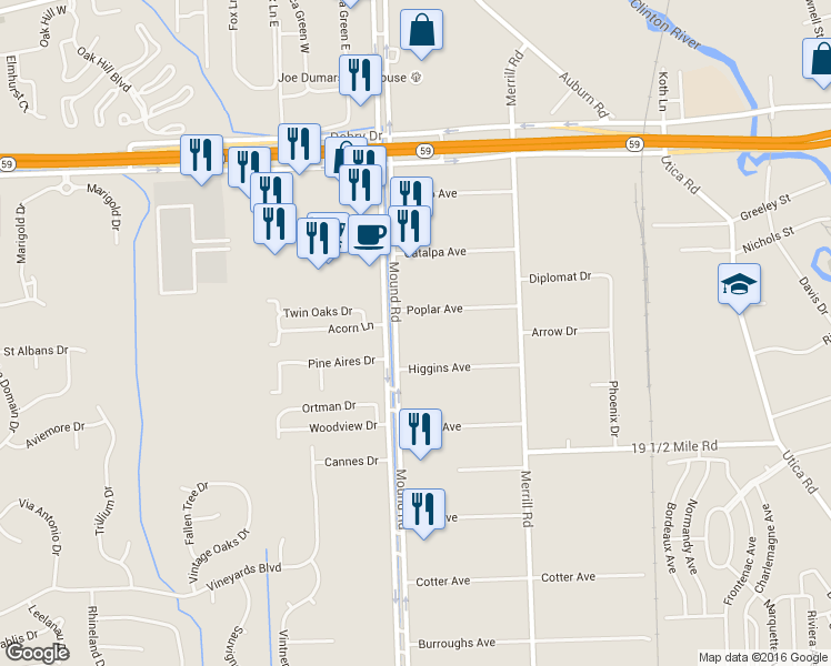 map of restaurants, bars, coffee shops, grocery stores, and more near 44266 Mound Road in Sterling Heights