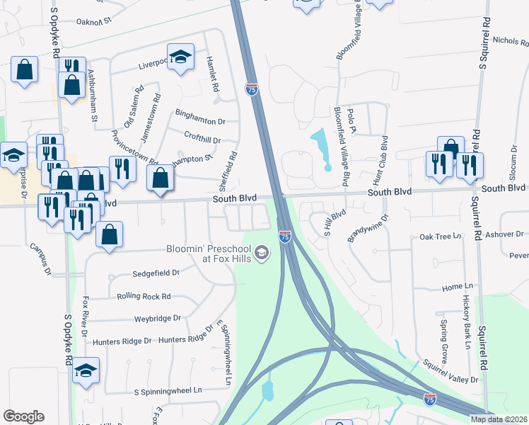 map of restaurants, bars, coffee shops, grocery stores, and more near 1524 Georgetown Drive in Bloomfield Township