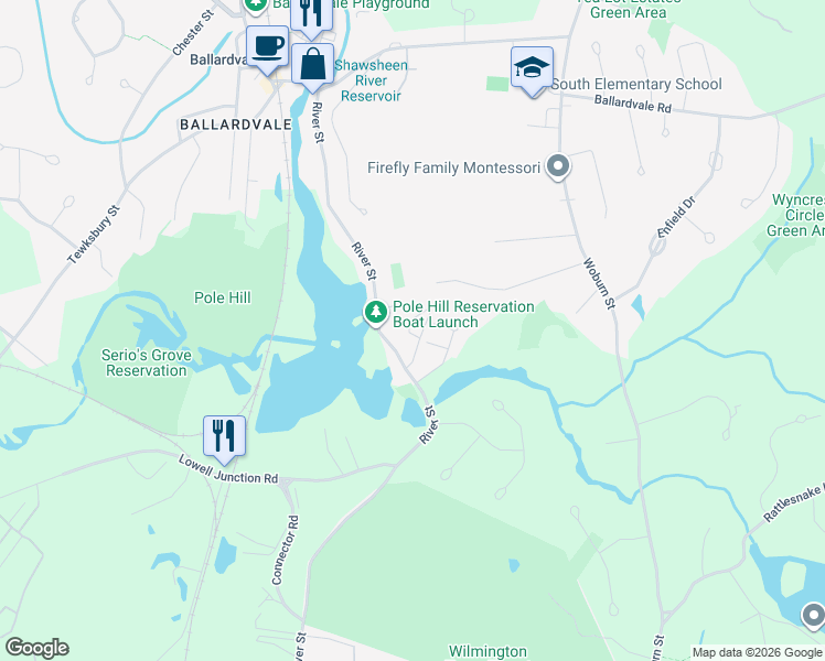 map of restaurants, bars, coffee shops, grocery stores, and more near 5 Hillcrest Road in Andover