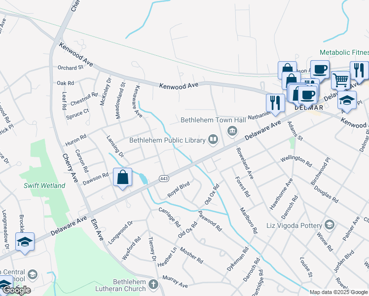 map of restaurants, bars, coffee shops, grocery stores, and more near 7 Weigand Lane in Delmar