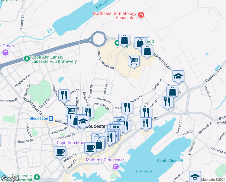 map of restaurants, bars, coffee shops, grocery stores, and more near 5R Dodge Street in Gloucester