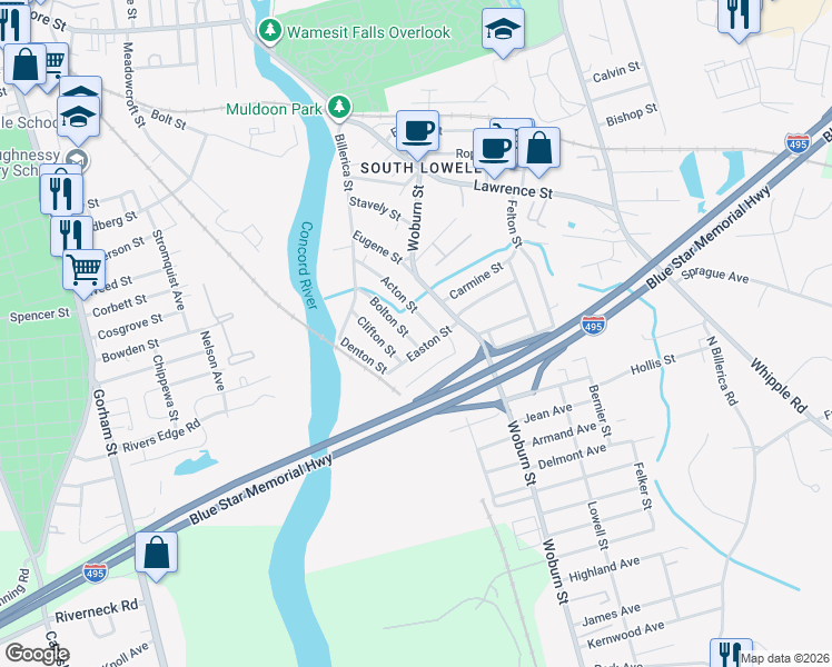 map of restaurants, bars, coffee shops, grocery stores, and more near 80 Bolton Street in Lowell