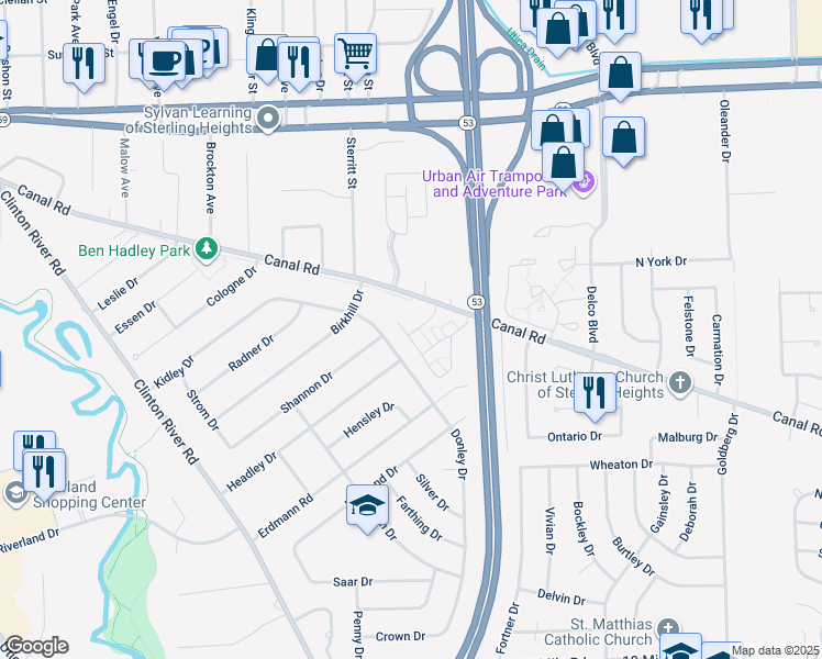 map of restaurants, bars, coffee shops, grocery stores, and more near 44090 Kings Gate Drive in Sterling Heights