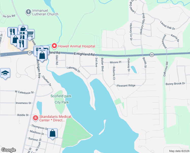 map of restaurants, bars, coffee shops, grocery stores, and more near 530 Thompson Lake Avenue in Howell