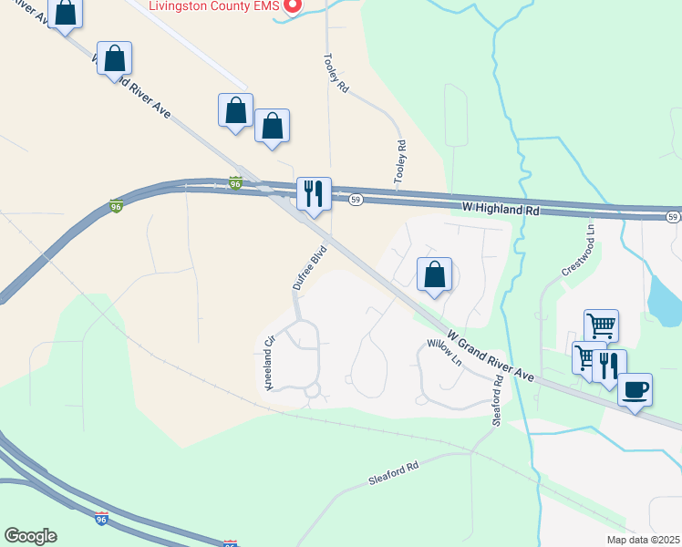map of restaurants, bars, coffee shops, grocery stores, and more near 3003 Interstate 96 Business Loop in Howell