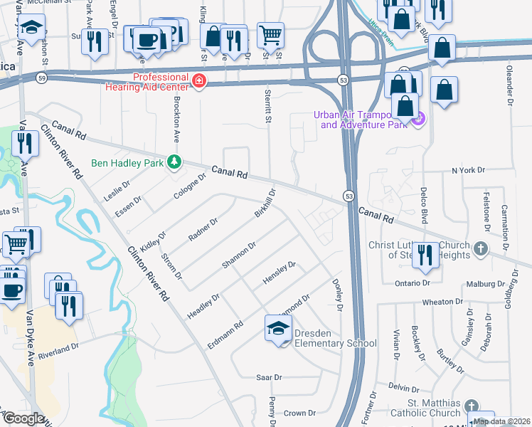 map of restaurants, bars, coffee shops, grocery stores, and more near 9076 Birkhill Drive in Sterling Heights