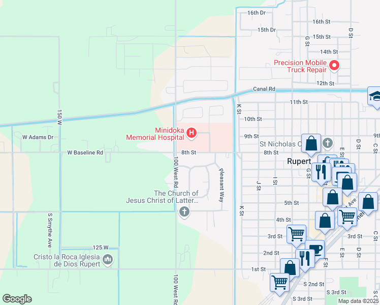 map of restaurants, bars, coffee shops, grocery stores, and more near 1224 8th Street in Rupert