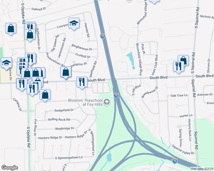 map of restaurants, bars, coffee shops, grocery stores, and more near 1524 Georgetown Drive in Bloomfield Township