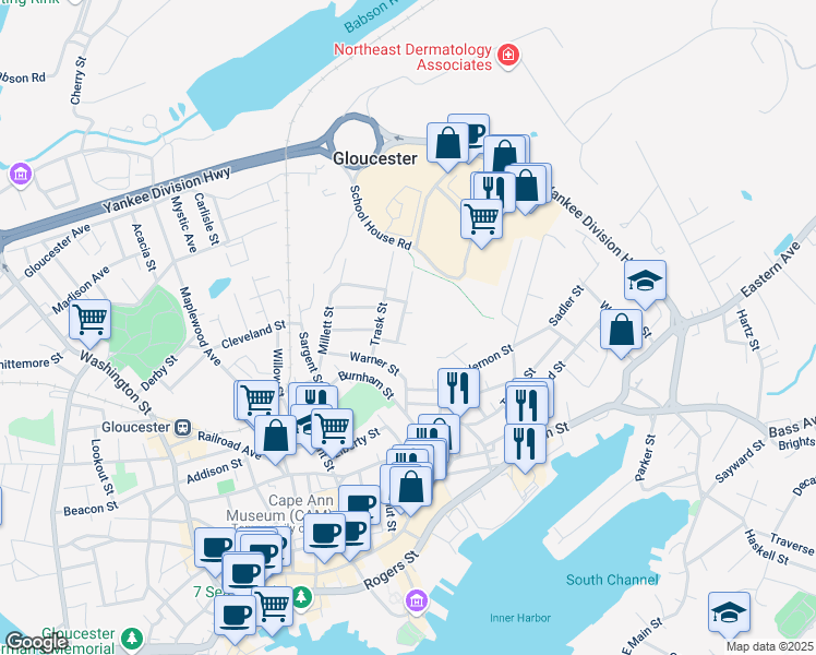 map of restaurants, bars, coffee shops, grocery stores, and more near 5R Dodge Street in Gloucester