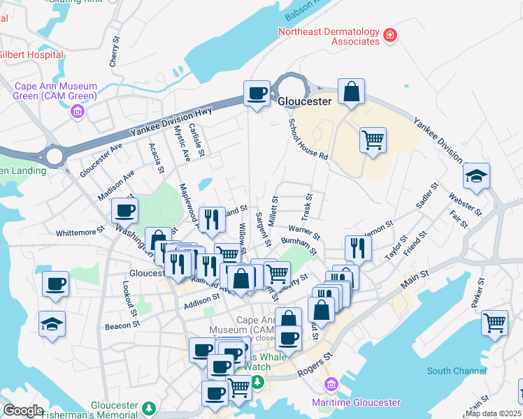 map of restaurants, bars, coffee shops, grocery stores, and more near 29 Sargent Street in Gloucester