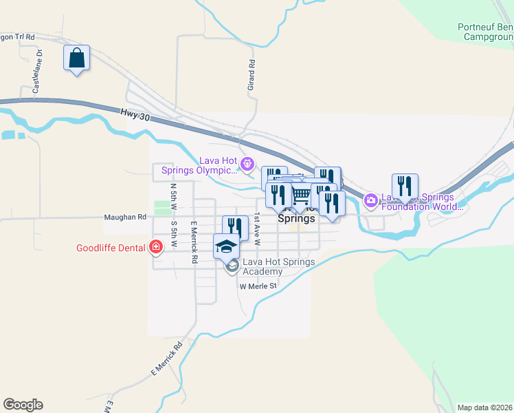 map of restaurants, bars, coffee shops, grocery stores, and more near 1st Alley N in Lava Hot Springs