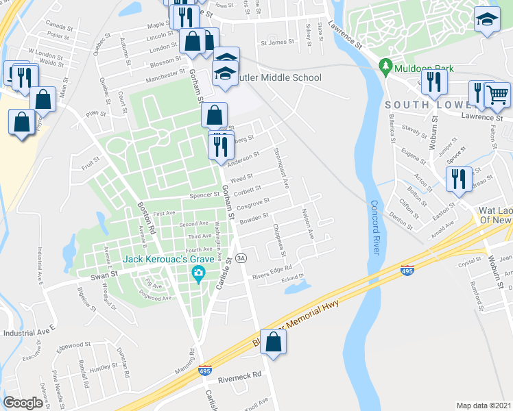 map of restaurants, bars, coffee shops, grocery stores, and more near 39 Cosgrove Street in Lowell
