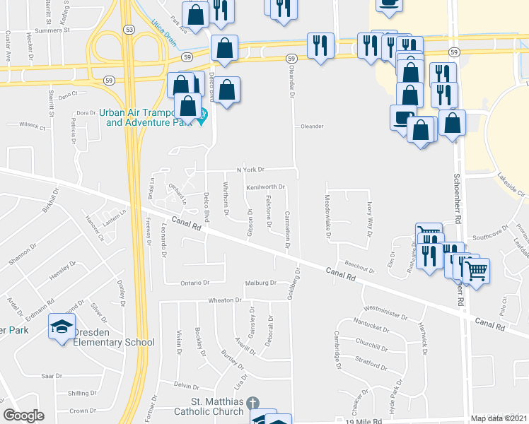 map of restaurants, bars, coffee shops, grocery stores, and more near 44241 Felstone Drive in Sterling Heights