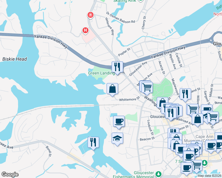 map of restaurants, bars, coffee shops, grocery stores, and more near 3 Gloucester Avenue in Gloucester