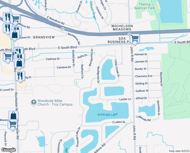 map of restaurants, bars, coffee shops, grocery stores, and more near 6744 Northpoint Drive in Troy