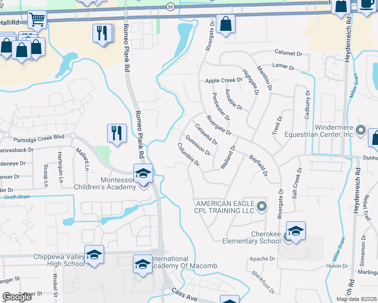 map of restaurants, bars, coffee shops, grocery stores, and more near 43778 Columbia Drive in Clinton Township
