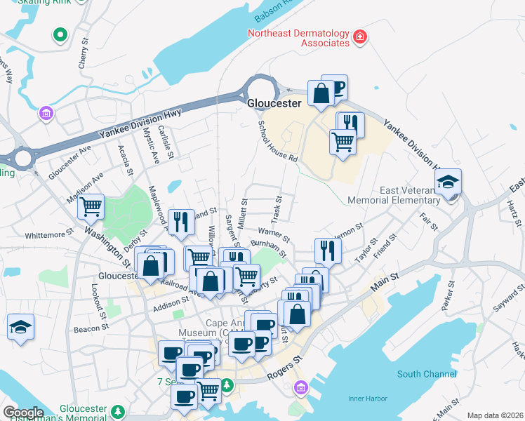 map of restaurants, bars, coffee shops, grocery stores, and more near 5 Forest Street in Gloucester