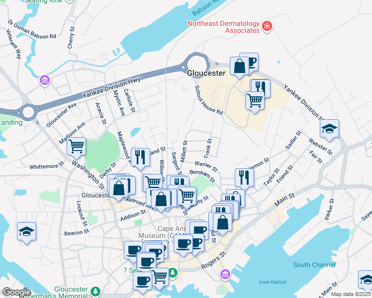 map of restaurants, bars, coffee shops, grocery stores, and more near 5 Forest Street in Gloucester