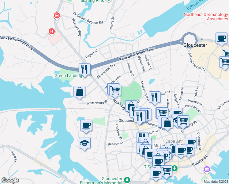 map of restaurants, bars, coffee shops, grocery stores, and more near 7 Knowlton Square in Gloucester
