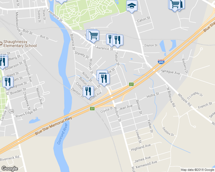 map of restaurants, bars, coffee shops, grocery stores, and more near 2-12 Circuit Avenue in Lowell