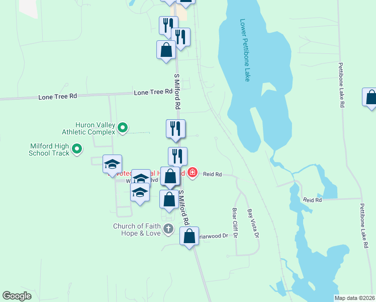 map of restaurants, bars, coffee shops, grocery stores, and more near 2191 South Milford Road in Highland Charter Township