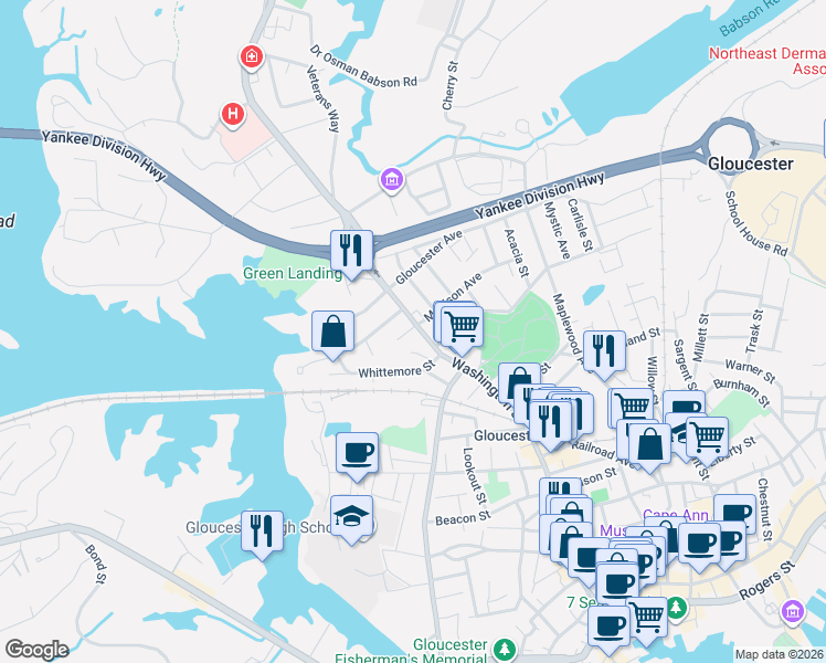 map of restaurants, bars, coffee shops, grocery stores, and more near 208A Washington Street in Gloucester