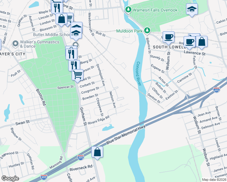 map of restaurants, bars, coffee shops, grocery stores, and more near 177 Bowden Street in Lowell