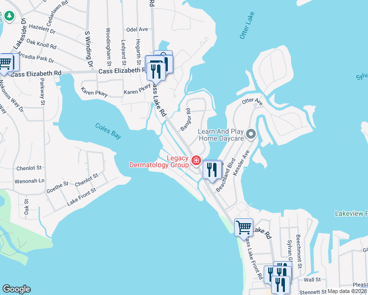 map of restaurants, bars, coffee shops, grocery stores, and more near 1310 Cass Lake Road in Waterford Township