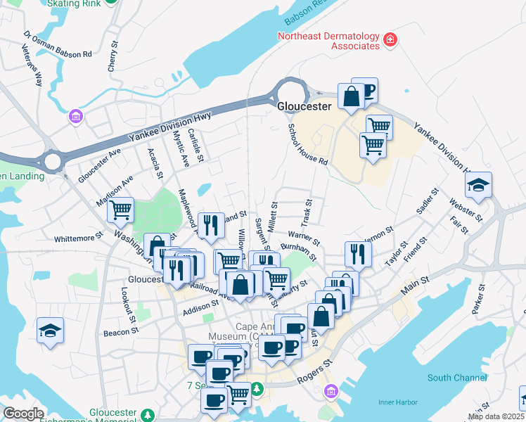 map of restaurants, bars, coffee shops, grocery stores, and more near 29 Sargent Street in Gloucester