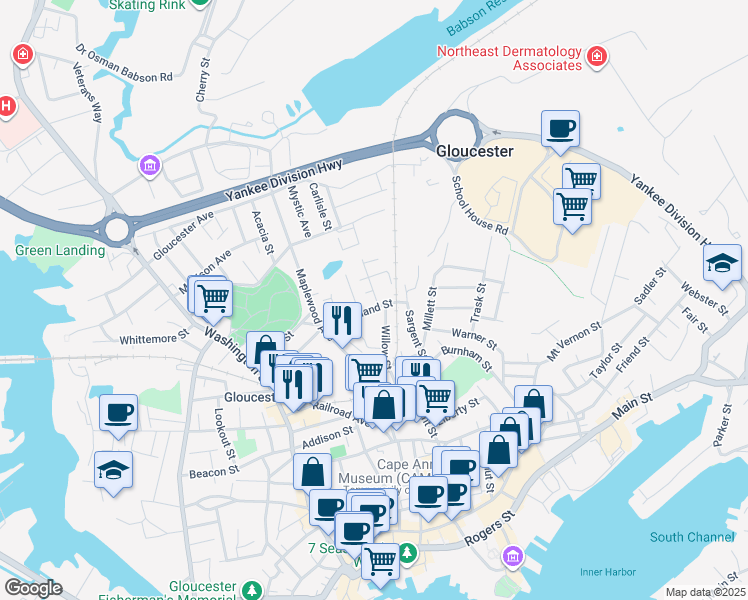 map of restaurants, bars, coffee shops, grocery stores, and more near 14 Cleveland Street in Gloucester