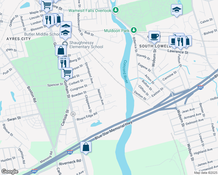 map of restaurants, bars, coffee shops, grocery stores, and more near 138 Bowden Street in Lowell