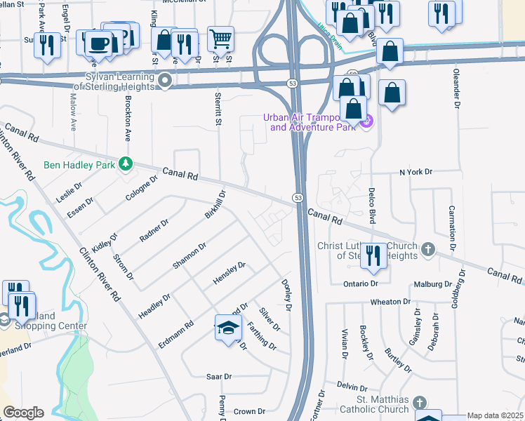 map of restaurants, bars, coffee shops, grocery stores, and more near 44090 Kings Gate Drive in Sterling Heights