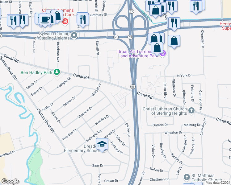 map of restaurants, bars, coffee shops, grocery stores, and more near 44090 Kings Gate Drive in Sterling Heights