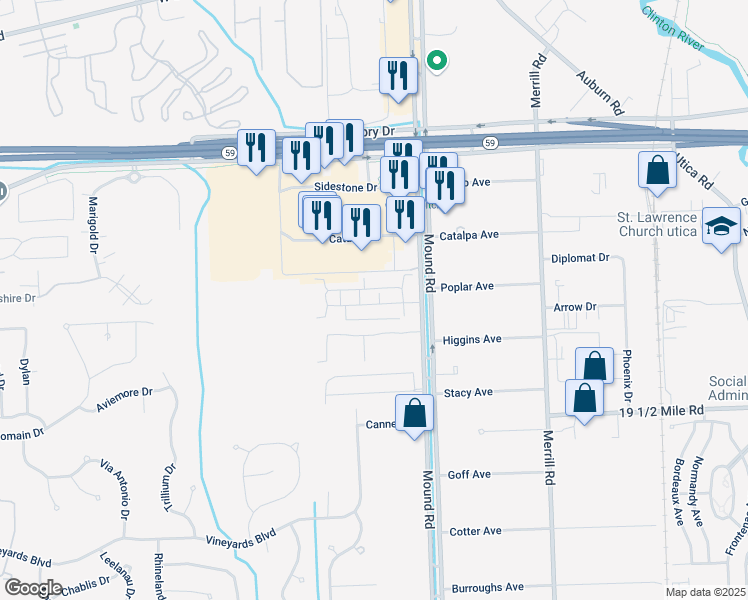 map of restaurants, bars, coffee shops, grocery stores, and more near 5681 Acorn Lane in Sterling Heights