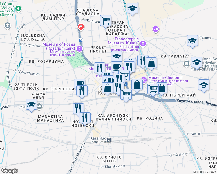 map of restaurants, bars, coffee shops, grocery stores, and more near 2 ulitsa "Iskra" in Kazanlak