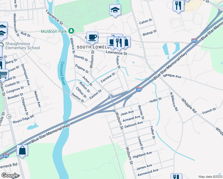map of restaurants, bars, coffee shops, grocery stores, and more near 12 Grafton Street in Lowell