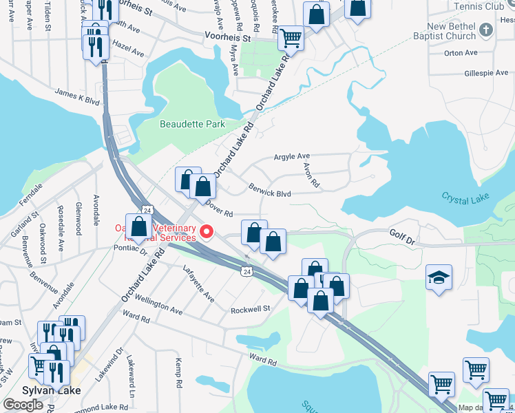 map of restaurants, bars, coffee shops, grocery stores, and more near 1070 Canterbury Drive in Pontiac