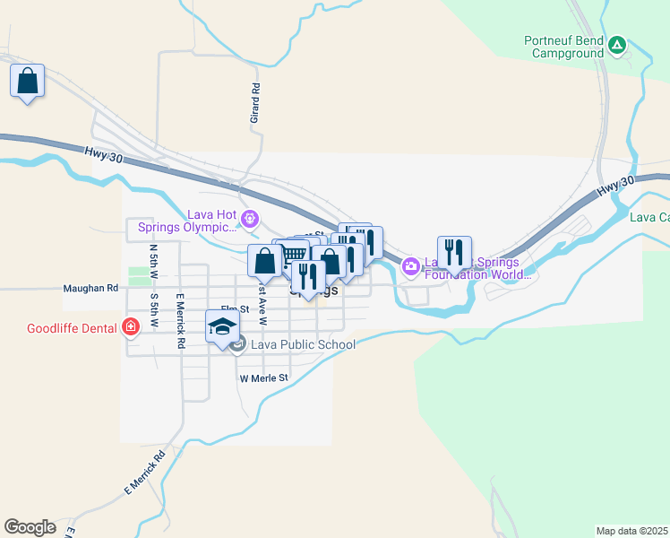 map of restaurants, bars, coffee shops, grocery stores, and more near 155 Main Street in Lava Hot Springs