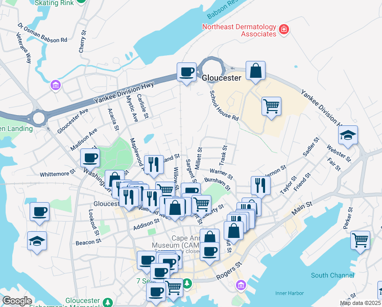 map of restaurants, bars, coffee shops, grocery stores, and more near 29 Sargent Street in Gloucester