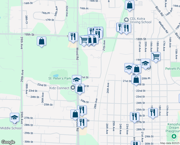 map of restaurants, bars, coffee shops, grocery stores, and more near 2930 21st Street in Kenosha