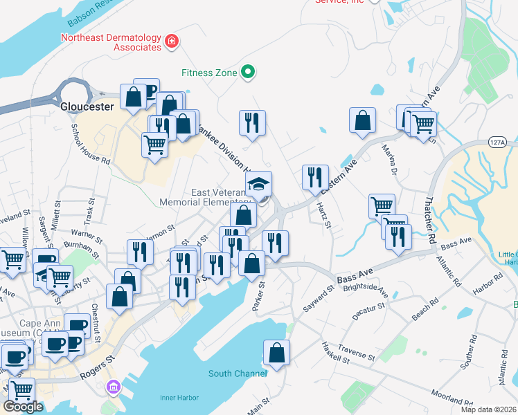 map of restaurants, bars, coffee shops, grocery stores, and more near 8 Webster Street in Gloucester