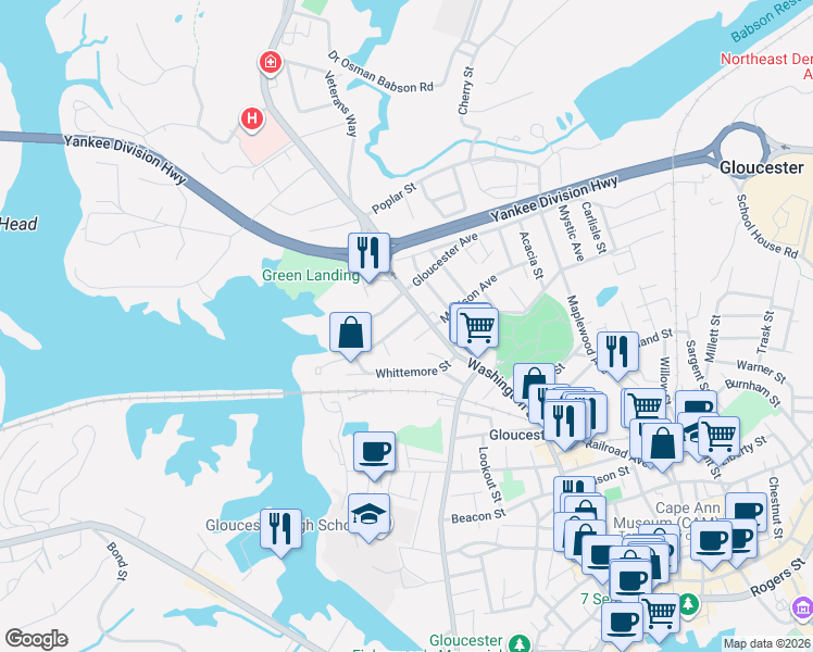 map of restaurants, bars, coffee shops, grocery stores, and more near 16 Riverside Avenue in Gloucester