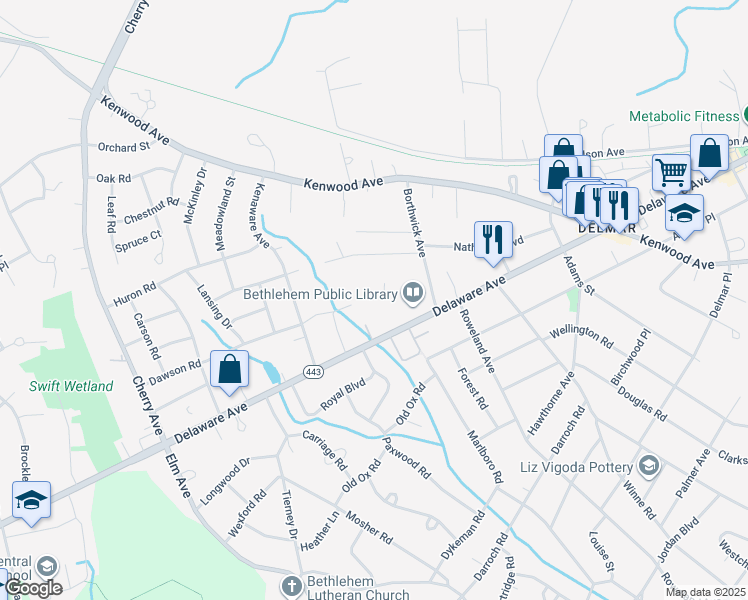 map of restaurants, bars, coffee shops, grocery stores, and more near 7 Weigand Lane in Delmar