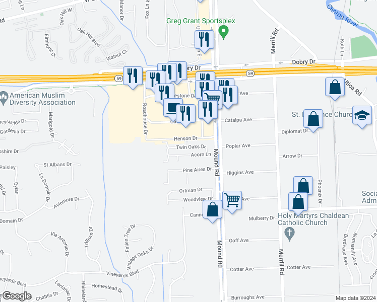 map of restaurants, bars, coffee shops, grocery stores, and more near 5590 Acorn Lane in Sterling Heights