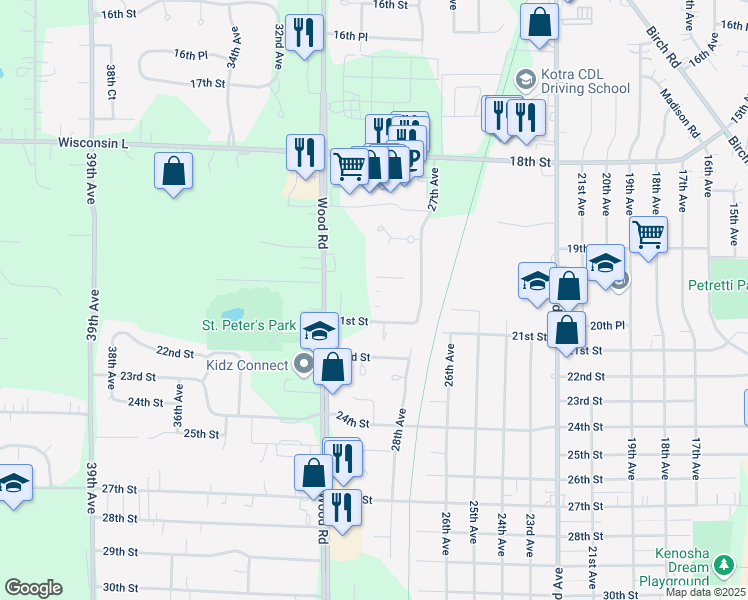 map of restaurants, bars, coffee shops, grocery stores, and more near M 21st Avenue in Kenosha