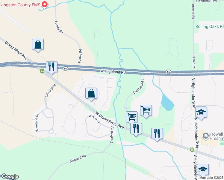 map of restaurants, bars, coffee shops, grocery stores, and more near 2618 Circle Pine Court in Howell