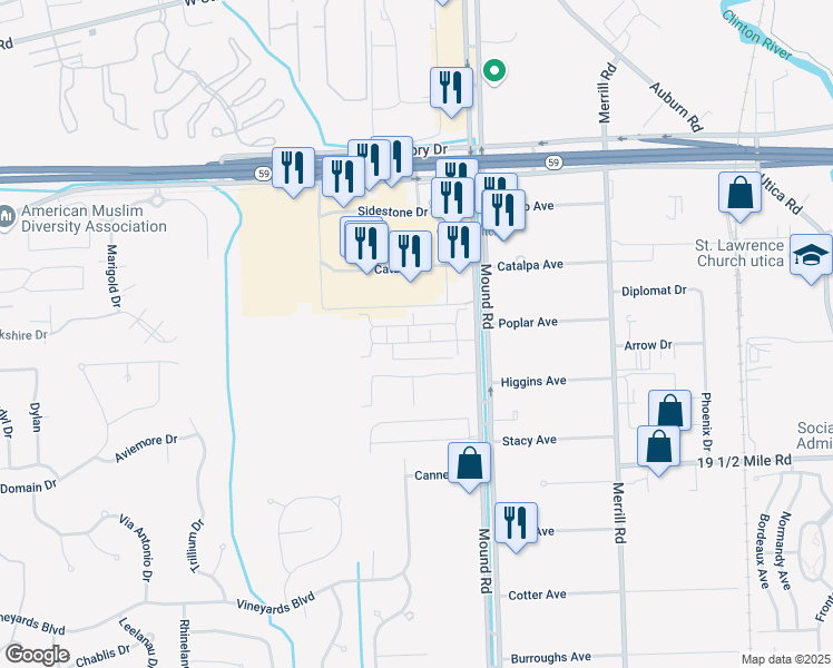 map of restaurants, bars, coffee shops, grocery stores, and more near 5590 Acorn Lane in Sterling Heights